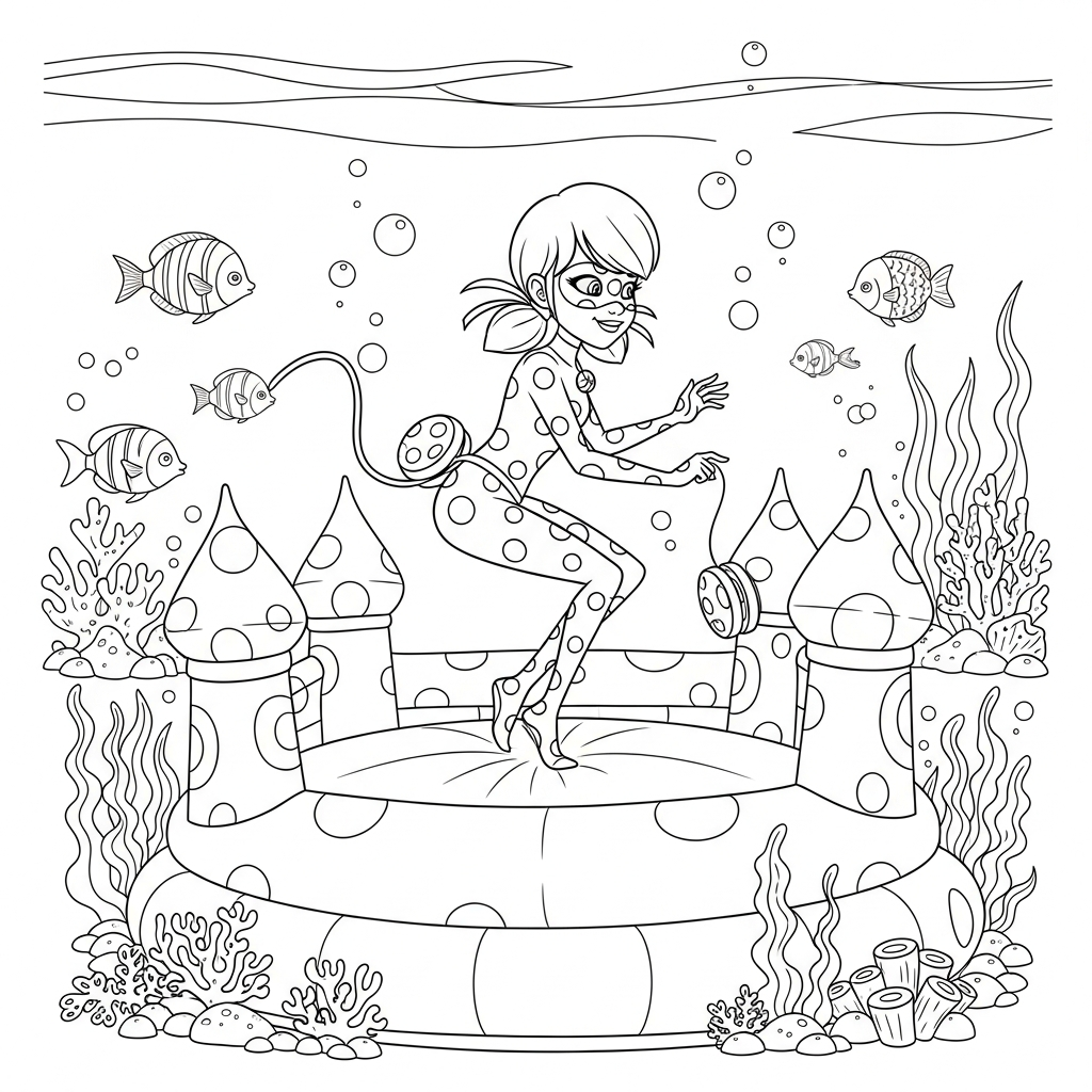 Desenho de Ladybug Miraculous para colorir brincando em pula-pula gigante no fundo do mar.