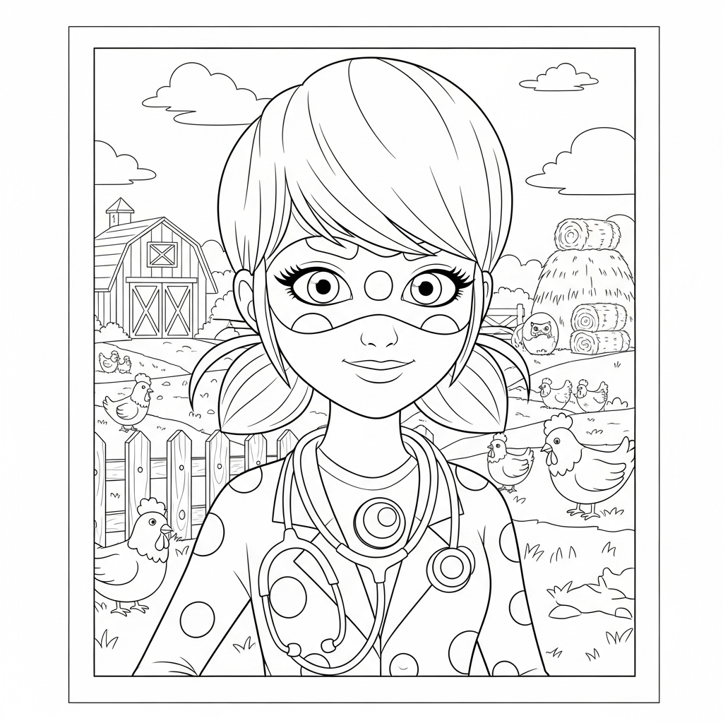 Desenho de Ladybug Miraculous para colorir vestida de médica com estetoscópio na fazenda com celeiro