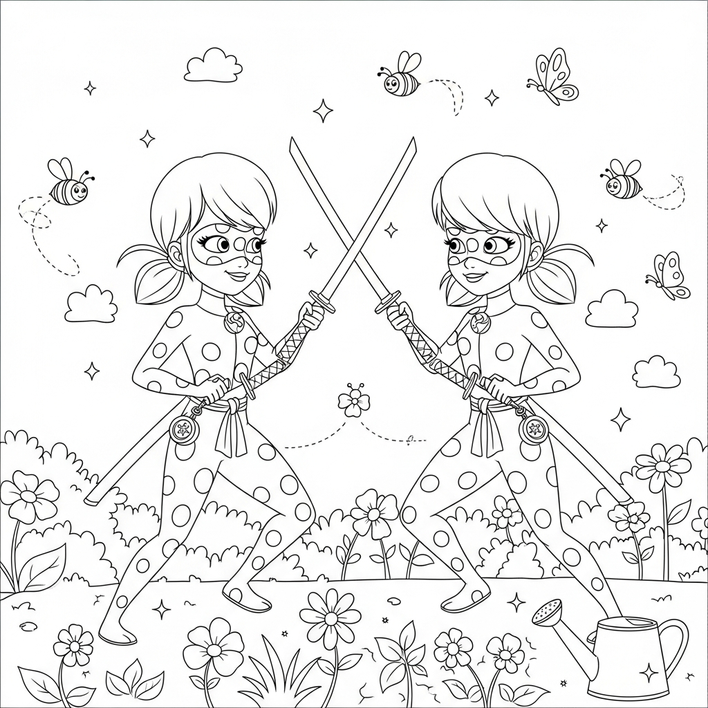 Desenho de Ladybug Miraculous para colorir vestida de samurai com katana em jardim florido.