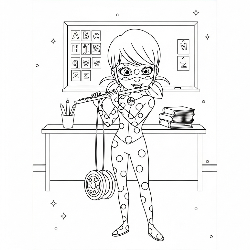 Desenho de Ladybug Miraculous para colorir tocando flauta de pé na sala de aula com lousa