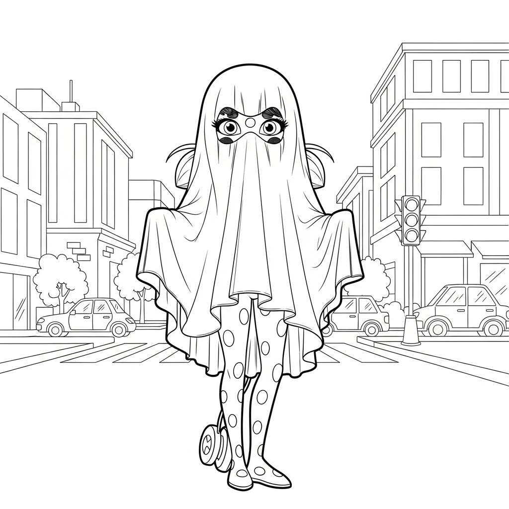 Desenho de Ladybug Miraculous para colorir vestida de fantasma na rua da cidade.
