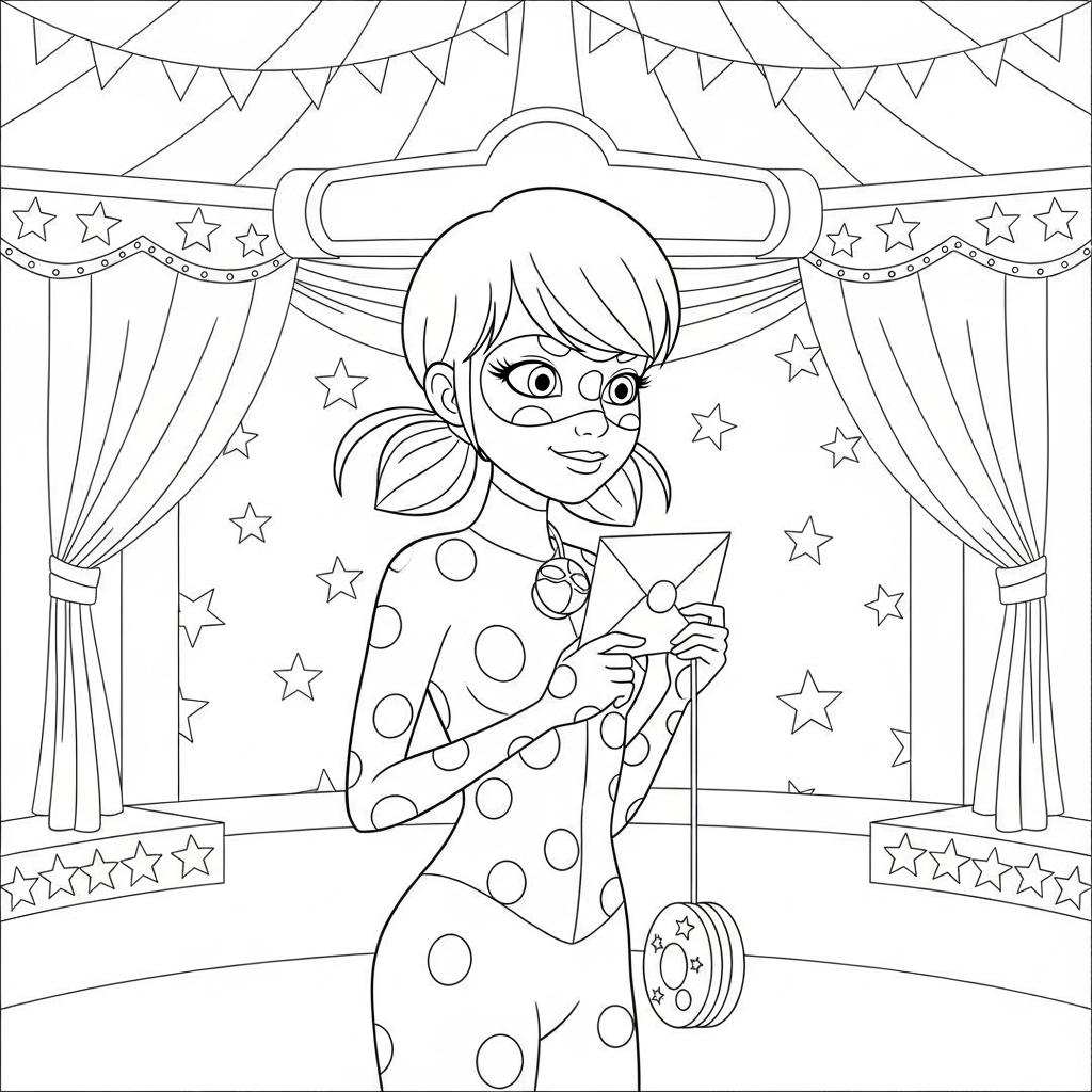 Desenho de Ladybug Miraculous para colorir segurando carta dobrada no circo com tenda.