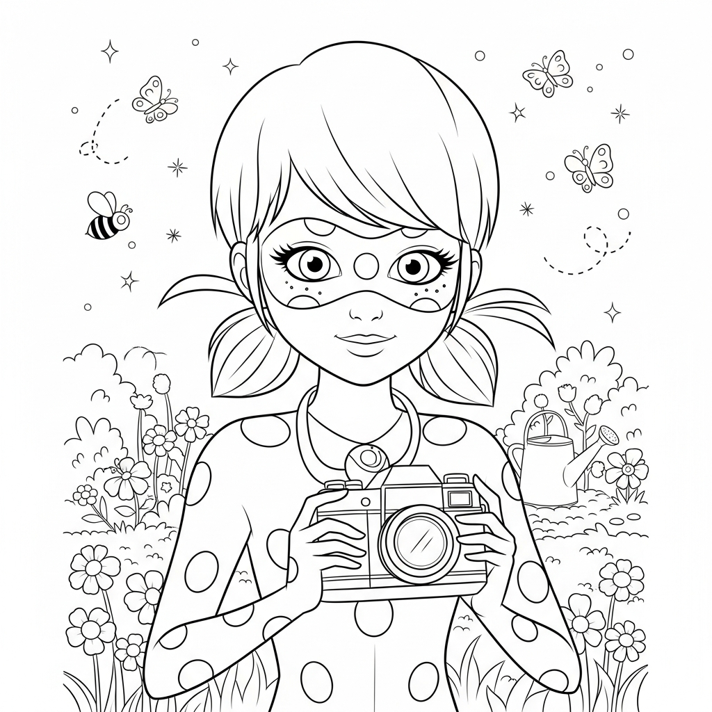 Desenho de Ladybug Miraculous para colorir segurando câmera antiga em jardim florido com abelhas