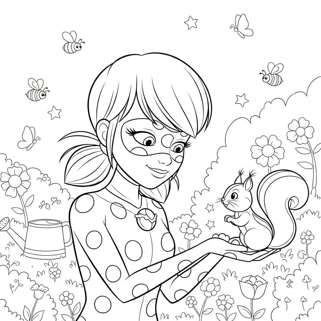 Desenho de Ladybug Miraculous para colorir alimentando esquilo no jardim com flores e abelhas