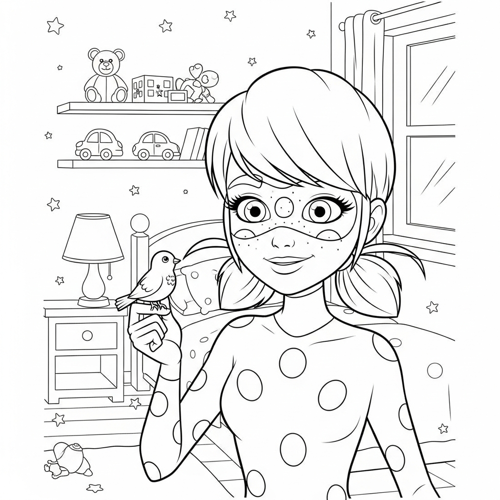 Desenho de Ladybug Miraculous para colorir conversando com passarinho no quarto com brinquedos