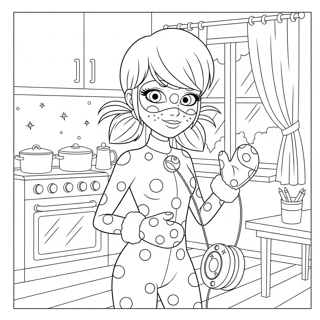 Desenho de Ladybug Miraculous para colorir em traje de inverno na cozinha com panelas