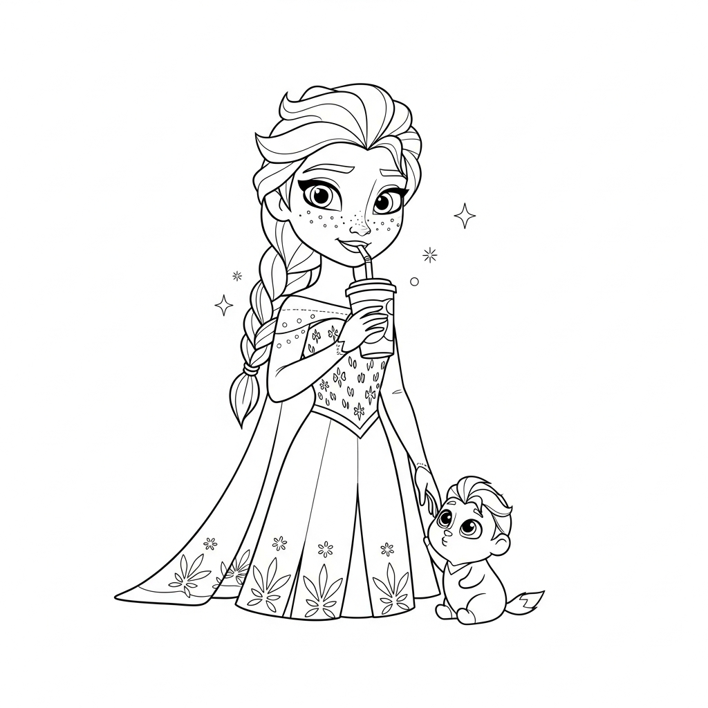 Desenho de Elsa Frozen para colorir bebendo em copo com canudo