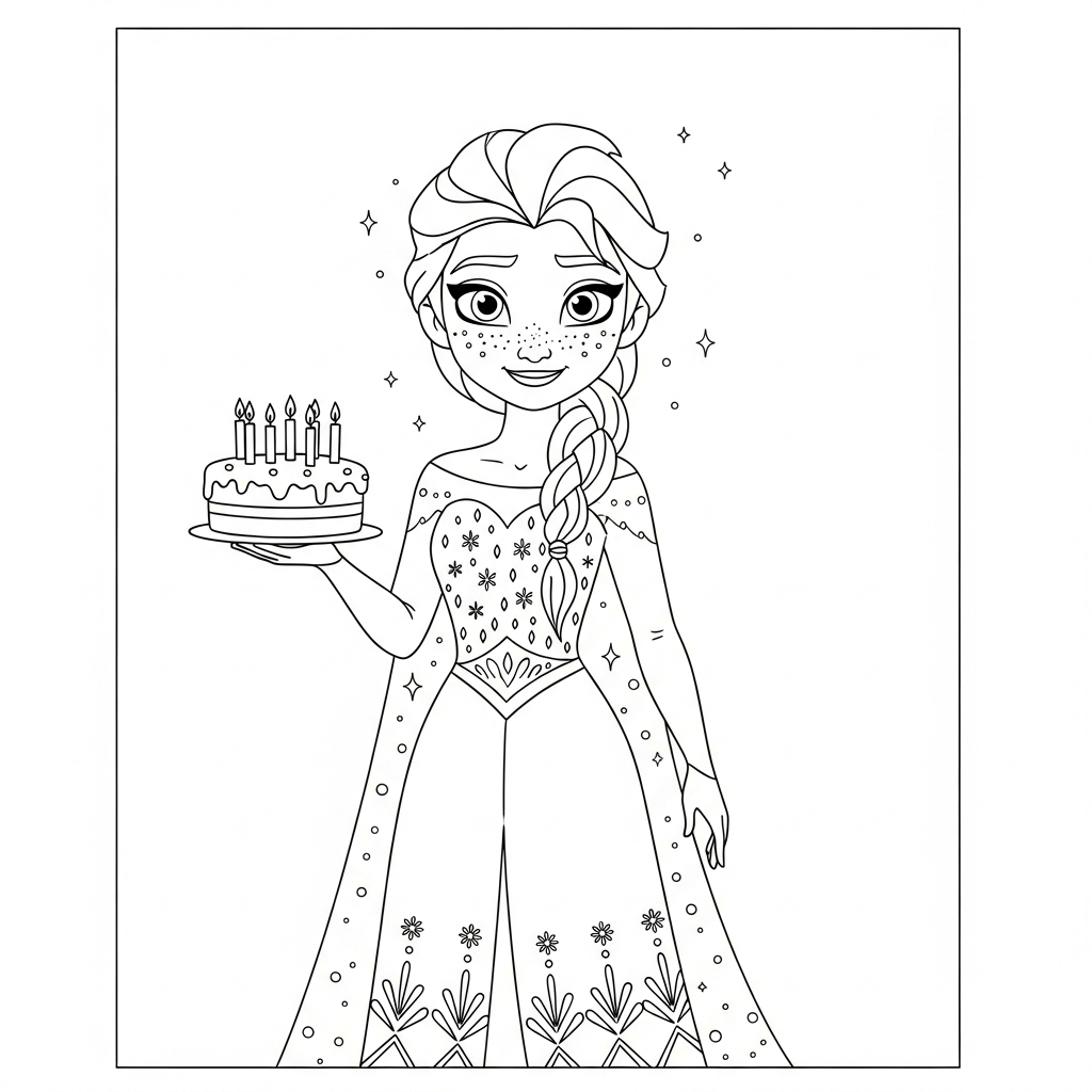 Desenho de Elsa Frozen para colorir segurando bolo de aniversário com velas