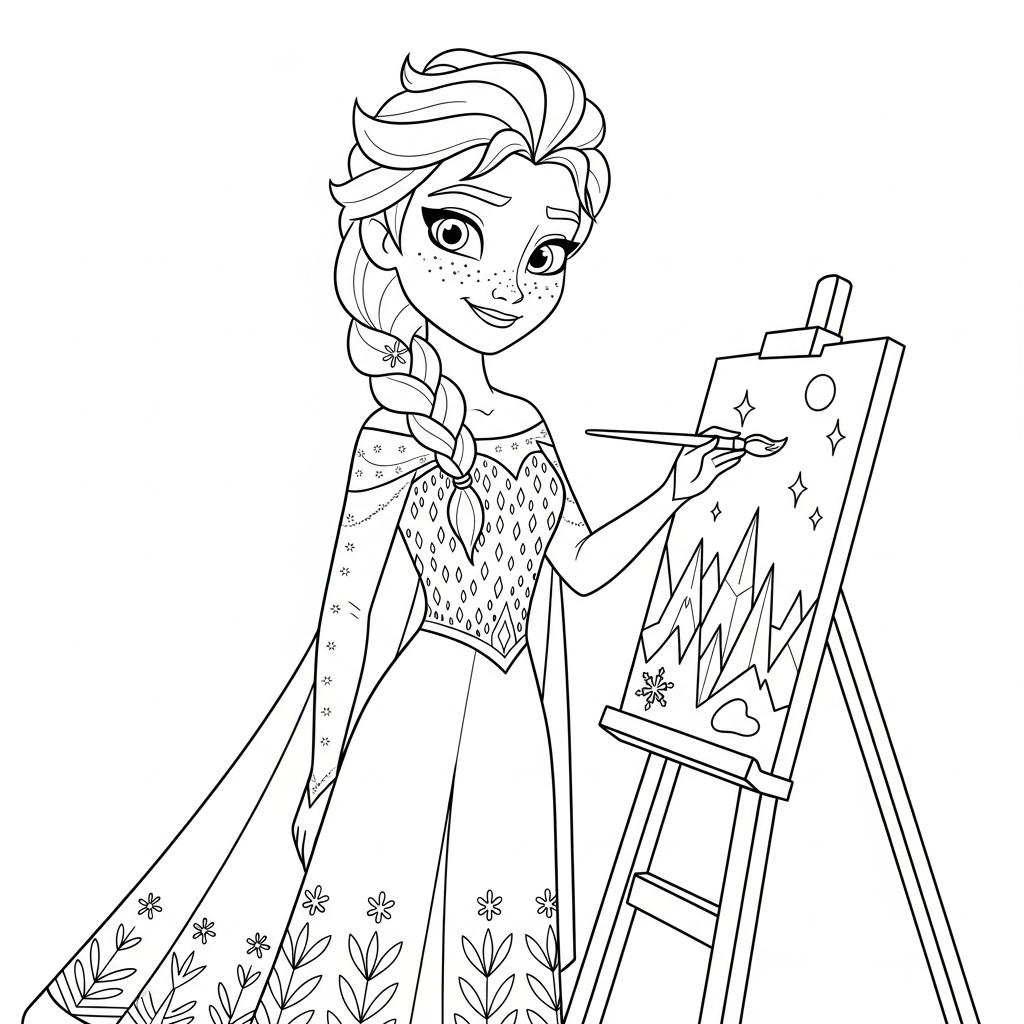 Desenho de Elsa Frozen para colorir pintando em um cavalete