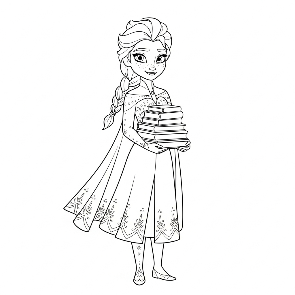 Desenho de Elsa Frozen para colorir carregando uma pilha de livros