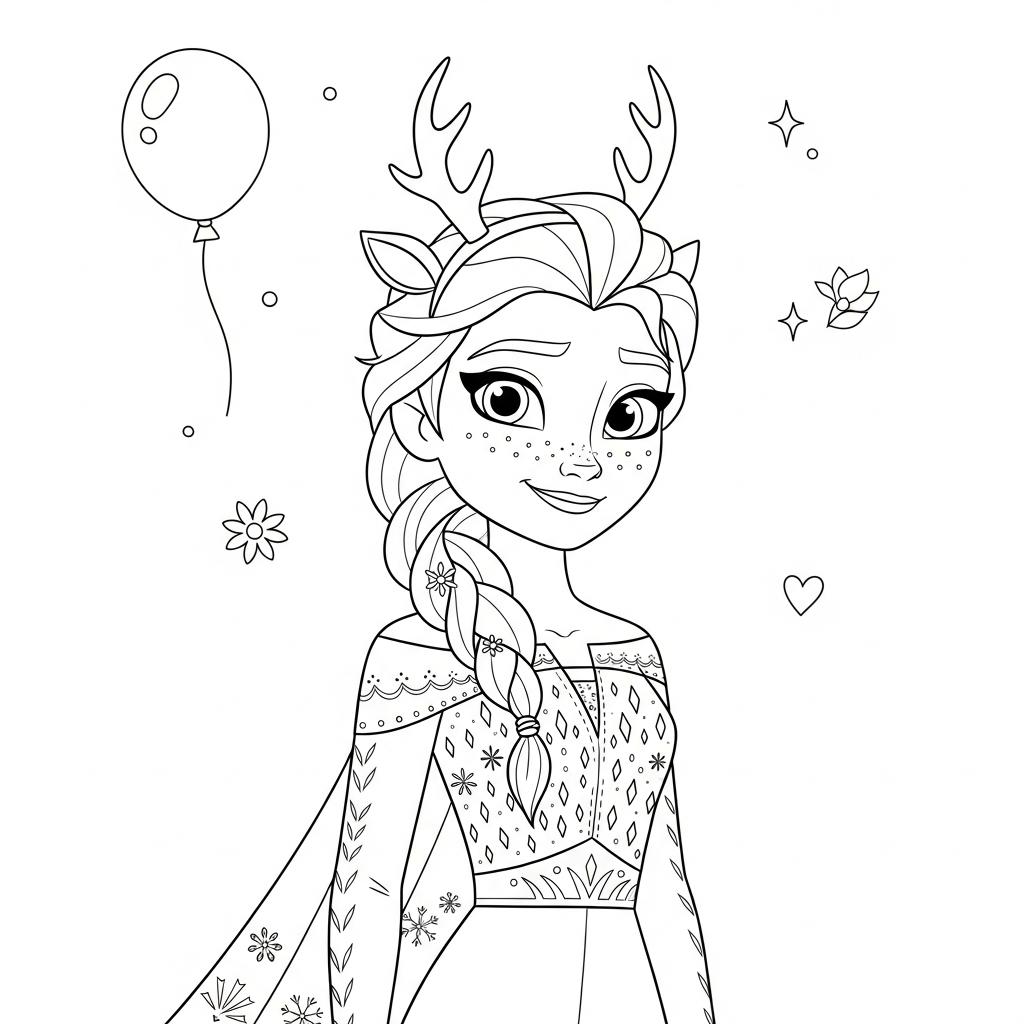 Desenho de Elsa Frozen para colorir usando chifres de rena com pequeno presente