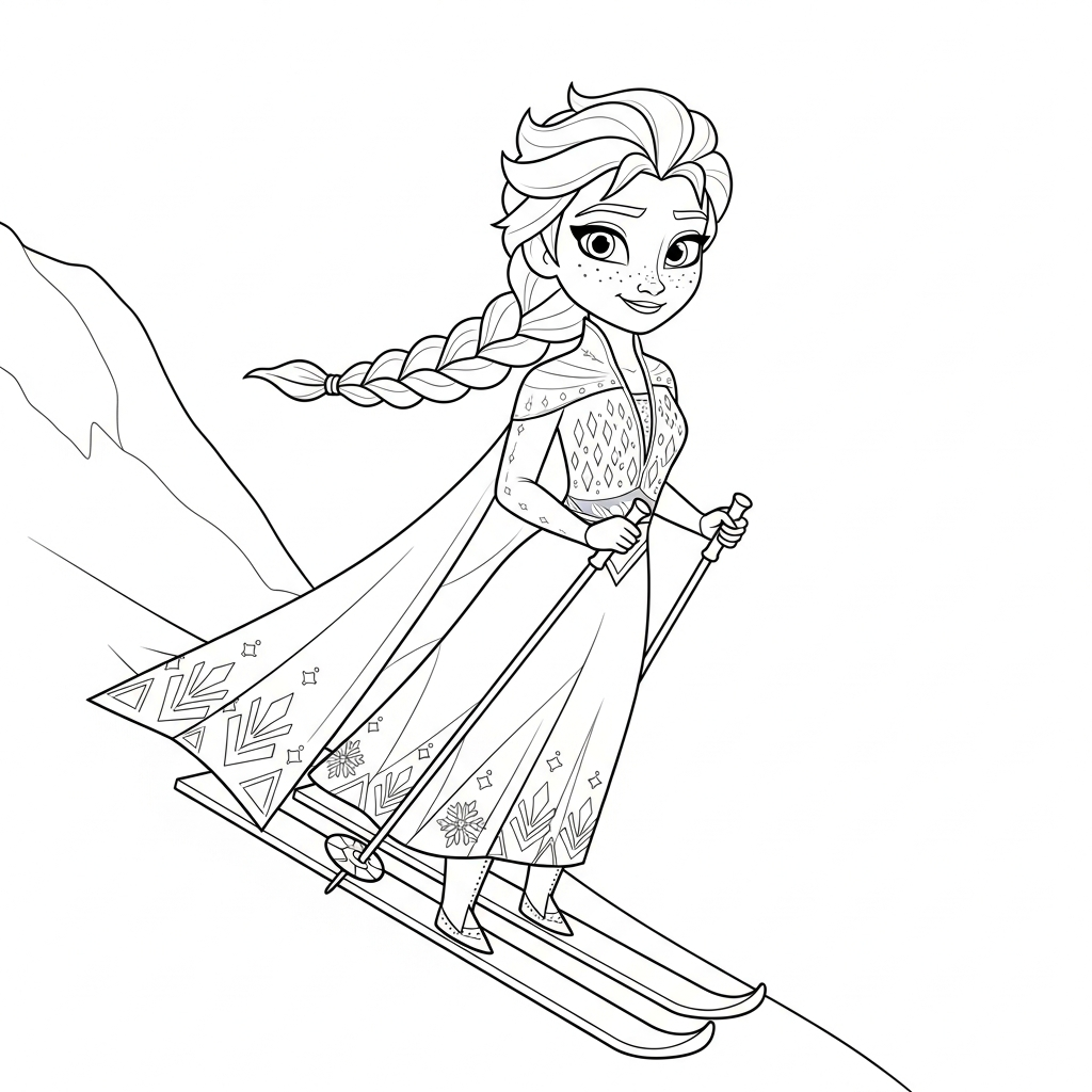Desenho de Elsa Frozen para colorir esquiando montanha abaixo com pequeno pinheiro.