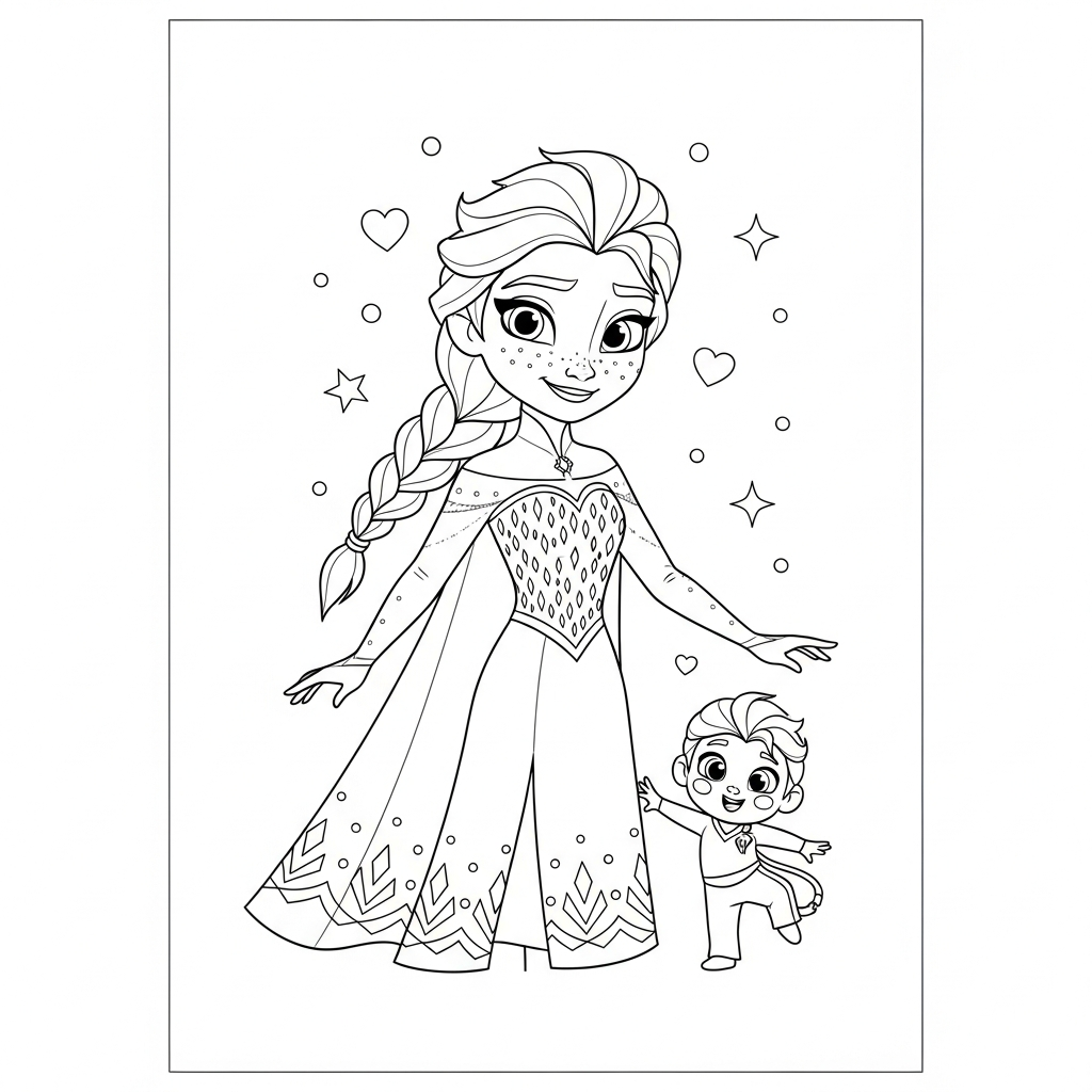 Desenho de Elsa Frozen para colorir praticando capoeira em ginga com estrelinhas e corações