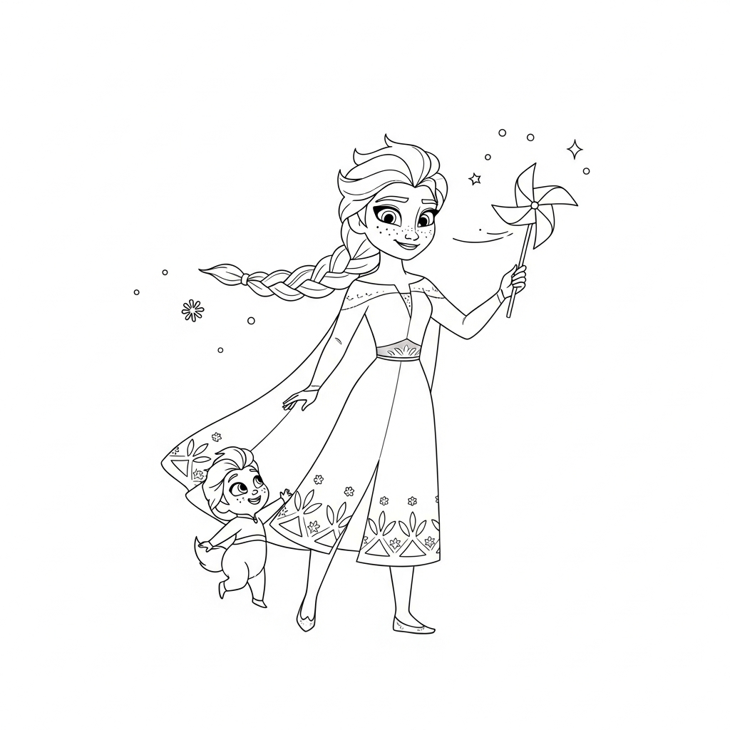 Desenho de Elsa Frozen para colorir brincando com cata-vento ao vento