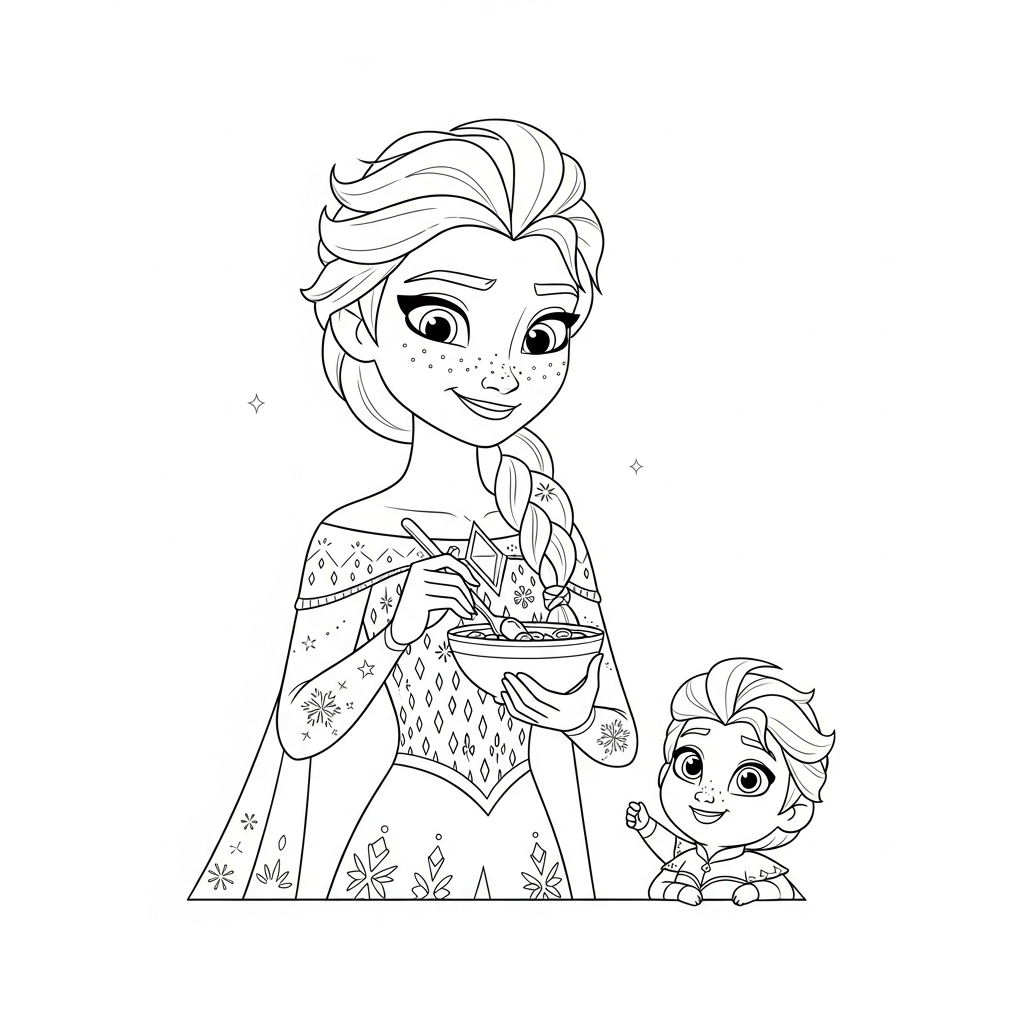 Desenho de Elsa Frozen para colorir comendo cereal em uma tigela