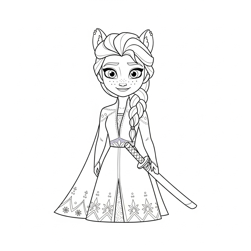Desenho de Elsa Frozen para colorir vestida de samurai segurando uma katana