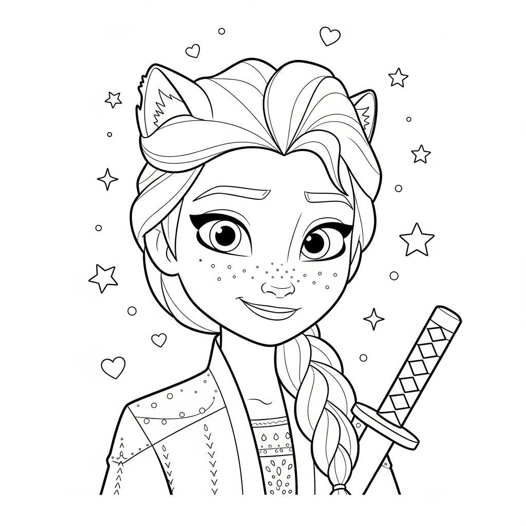 Desenho de Elsa Frozen para colorir vestida de samurai com katana, estrelinhas e corações.