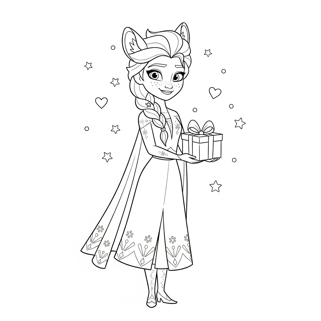 Desenho de Elsa Frozen para colorir com vestido de duende entregando presente