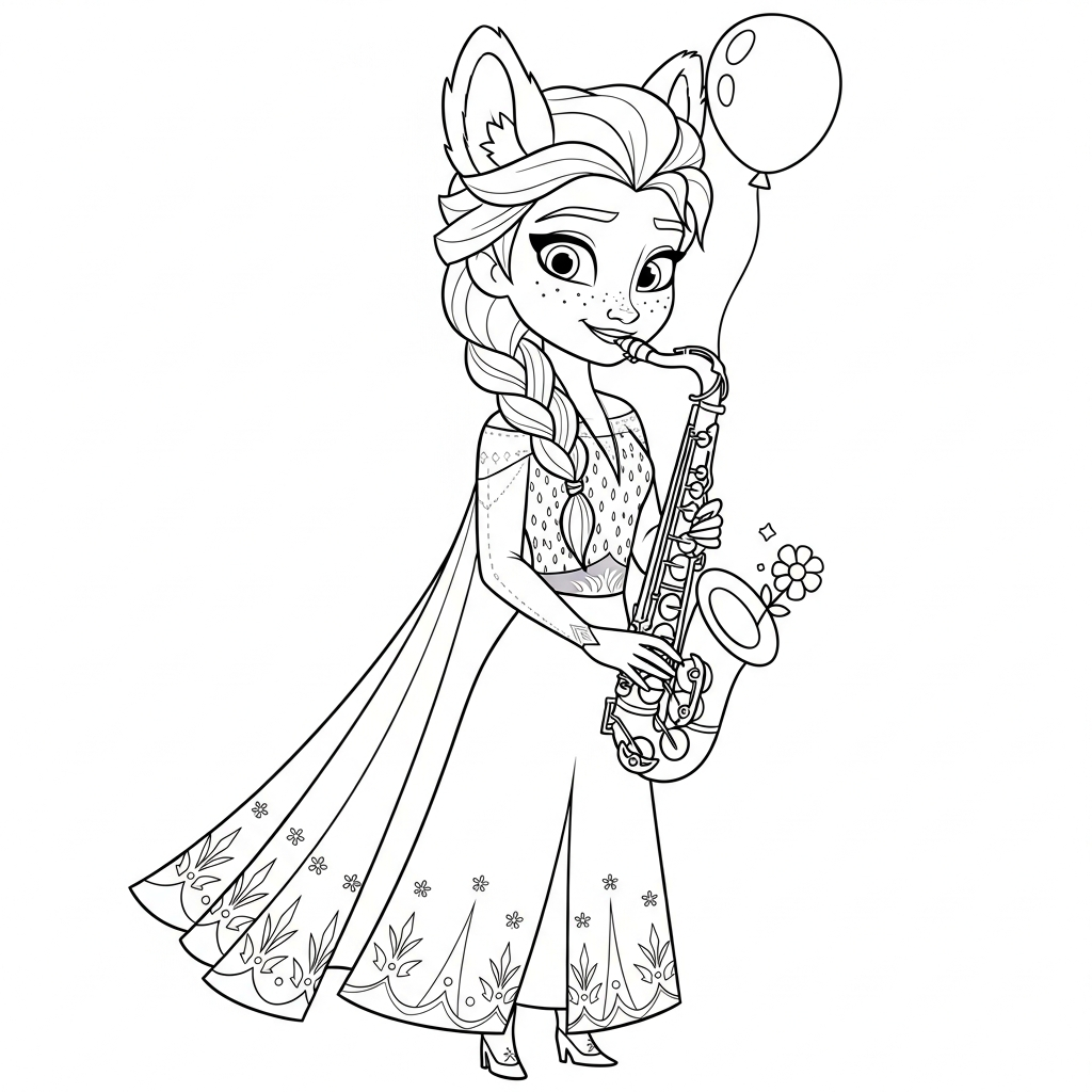 Desenho de Elsa Frozen para colorir tocando saxofone ao lado de uma estrela