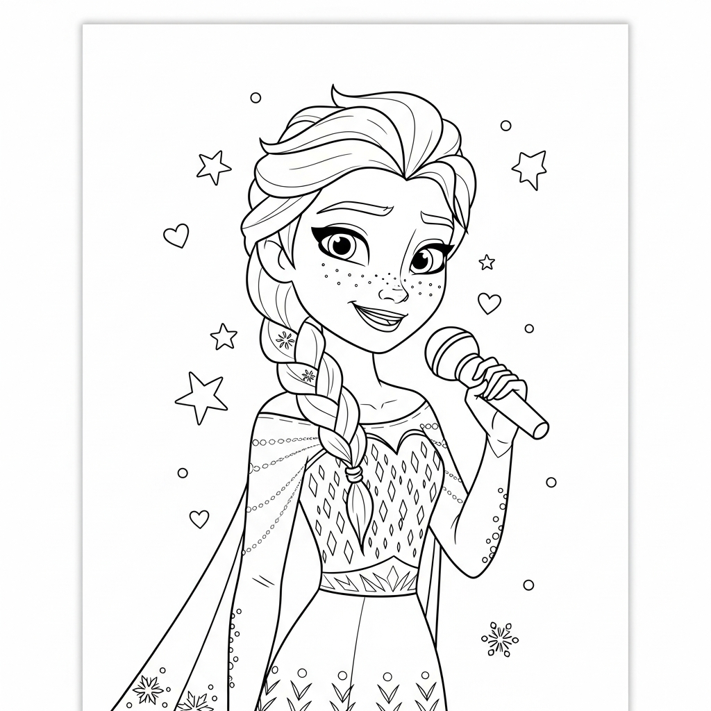 Desenho de Elsa Frozen para colorir cantando no palco com microfone e estrelinhas.