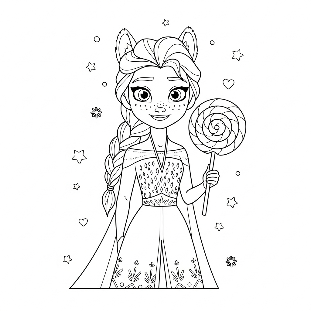Desenho de Elsa Frozen para colorir segurando pirulito gigante entre estrelinhas e corações