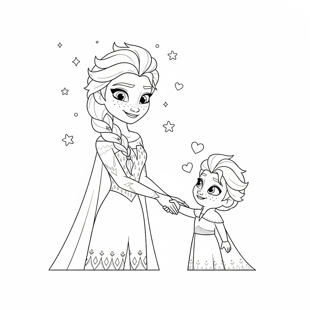 Desenho de Elsa Frozen para colorir cumprimentando com aperto de mãos entre estrelinhas e corações
