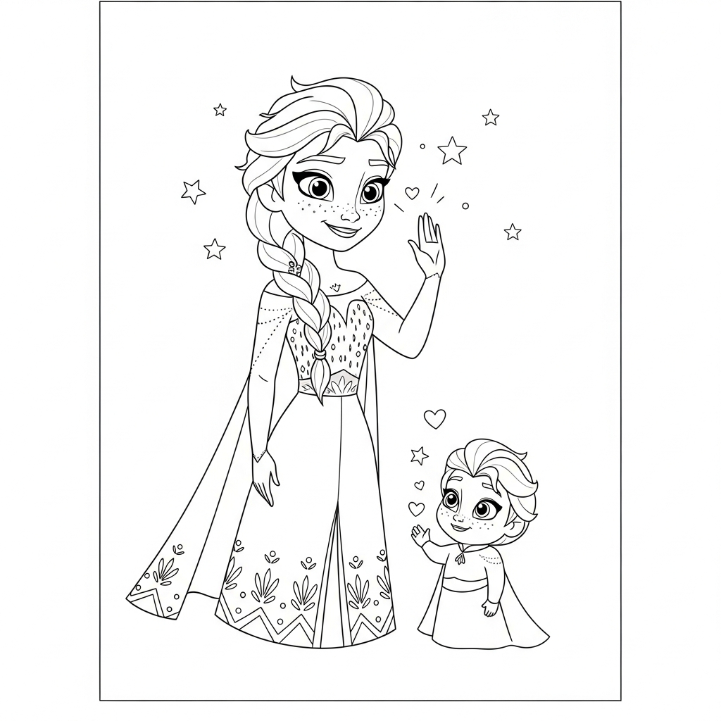 Desenho de Elsa Frozen para colorir dando high-five com estrelinhas e corações decorativos.