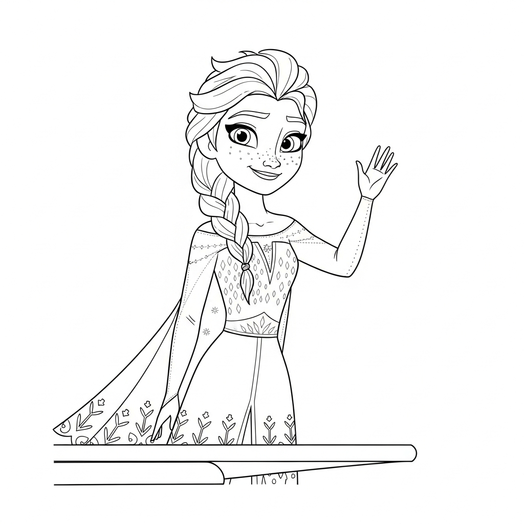 Desenho de Elsa Frozen para colorir acenando no alto de um trampolim com bola