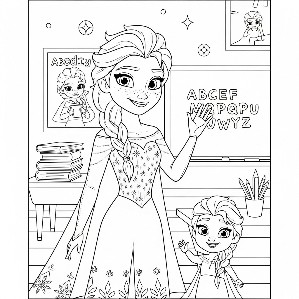 Desenho de Elsa Frozen para colorir em pé acenando sorridente na sala de aula com lousa.