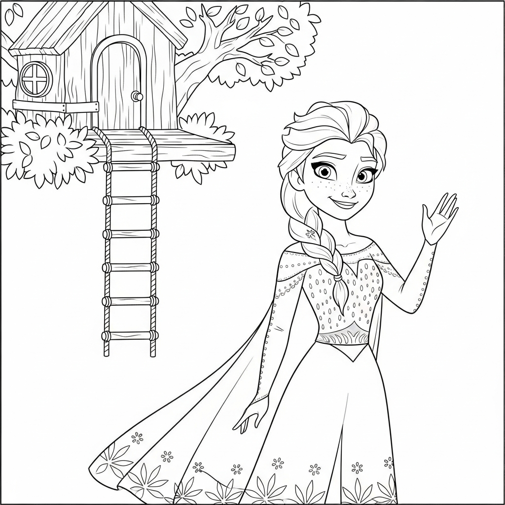 Desenho de Elsa Frozen para colorir em pé acenando sorrindo na casa na árvore