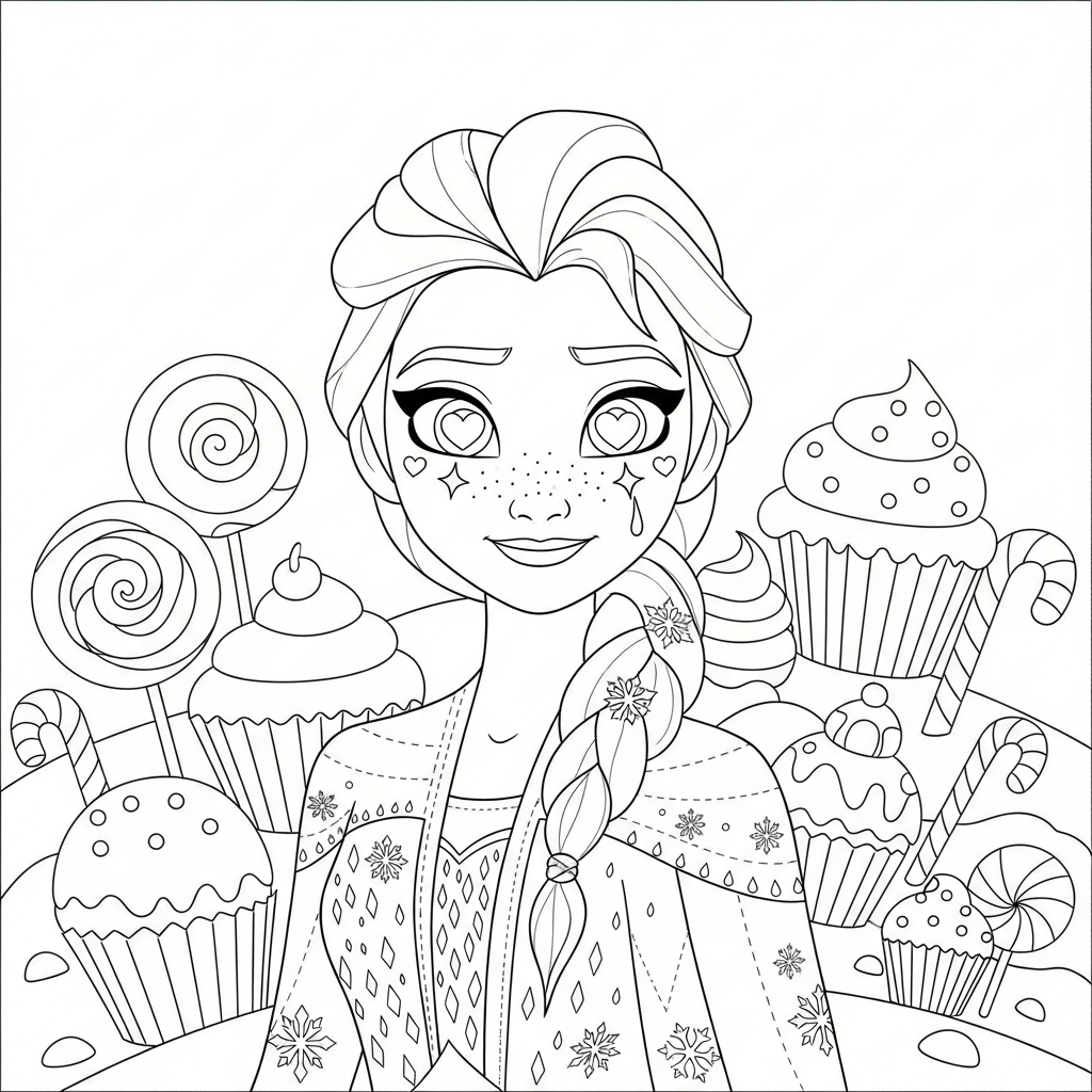 Desenho de Elsa Frozen para colorir apaixonada com olhos de coração na terra dos doces