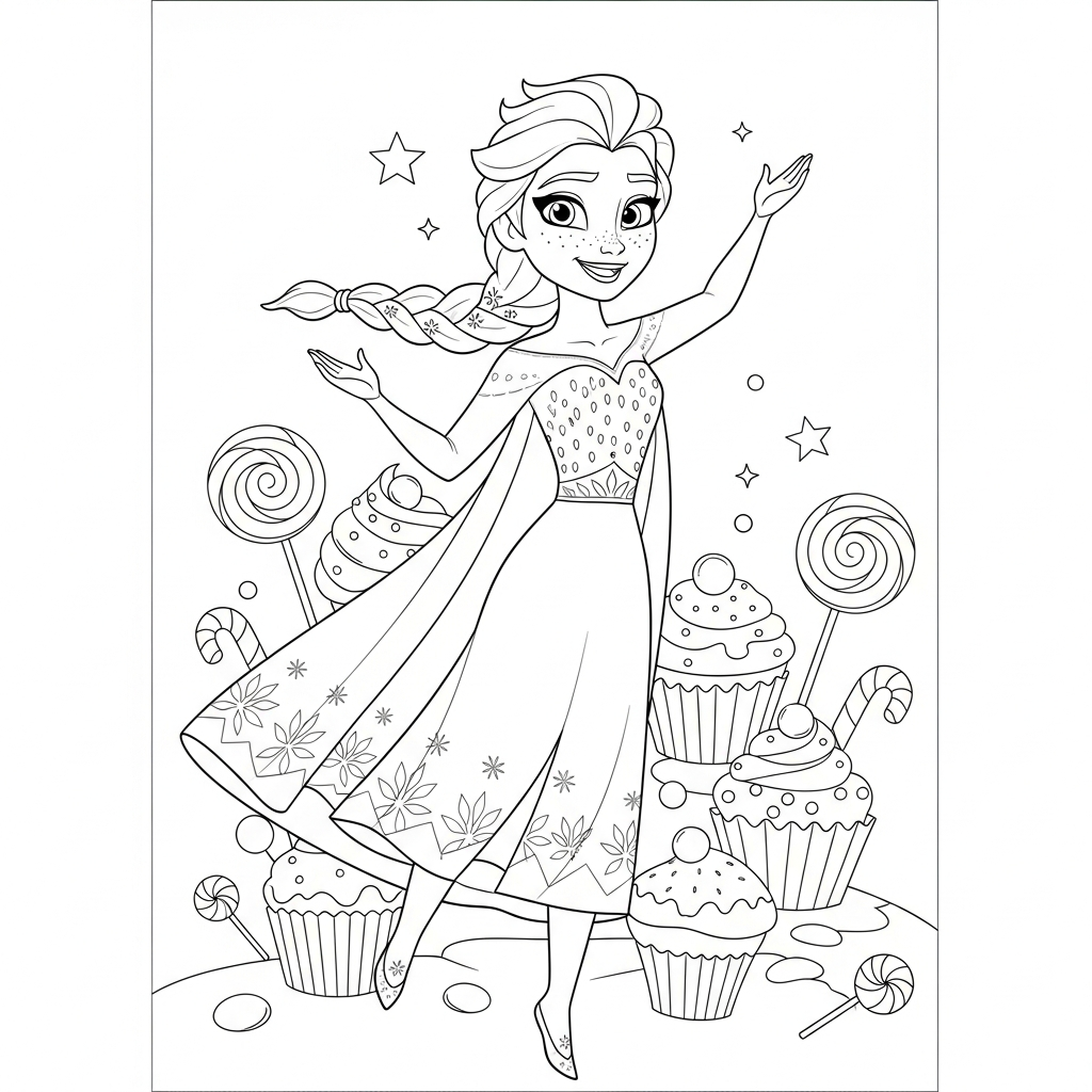Desenho de Elsa Frozen para colorir pulando alegremente na terra dos doces