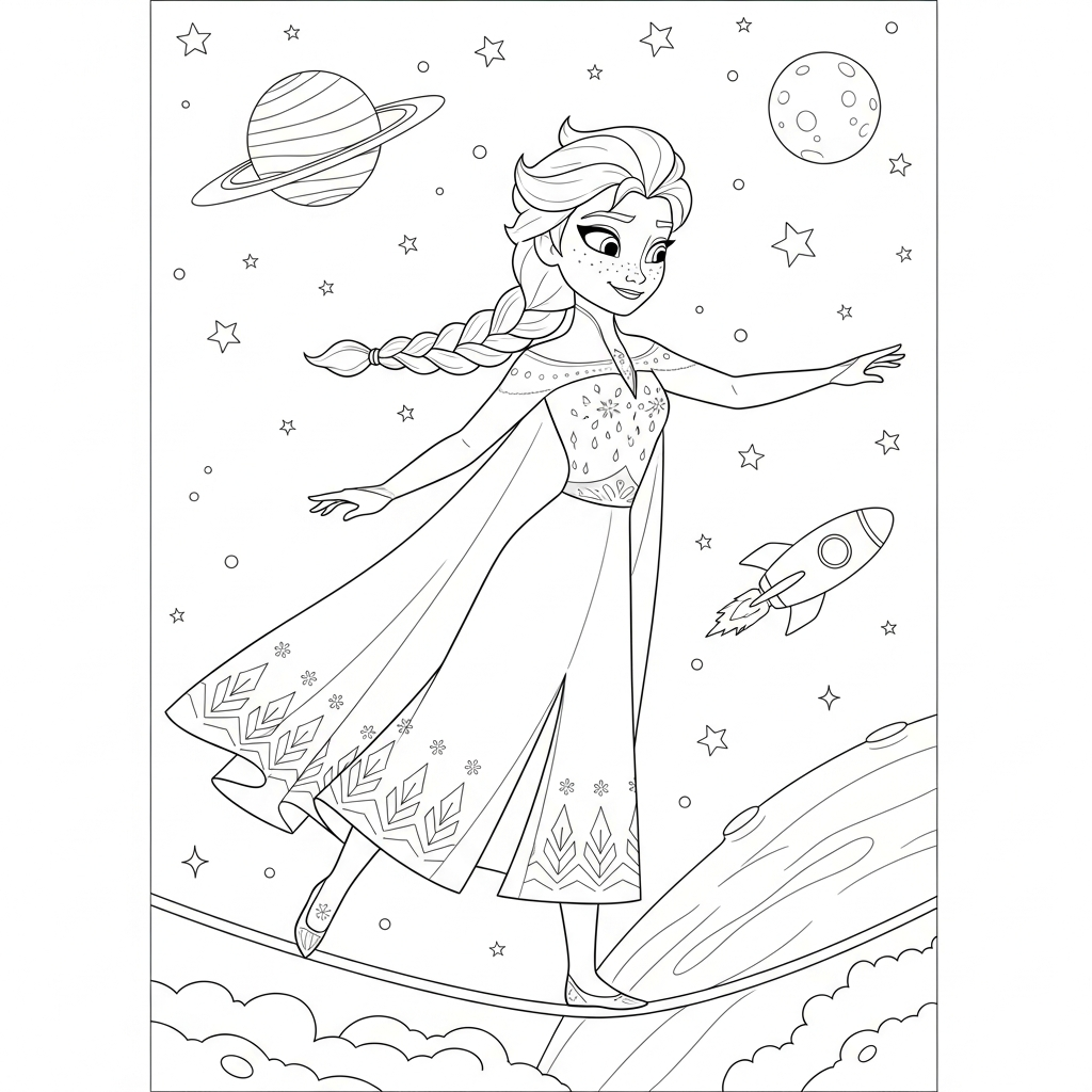 Desenho de Elsa Frozen para colorir equilibrando-se em corda bamba no espaço.