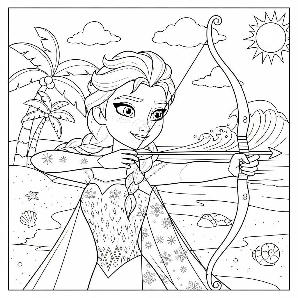 Desenho de Elsa Frozen para colorir praticando arco e flecha na praia com palmeiras