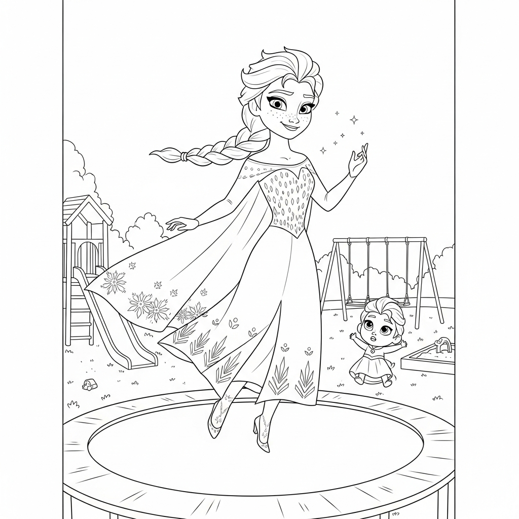 Desenho de Elsa Frozen para colorir pulando em cama elástica no playground com escorregador.