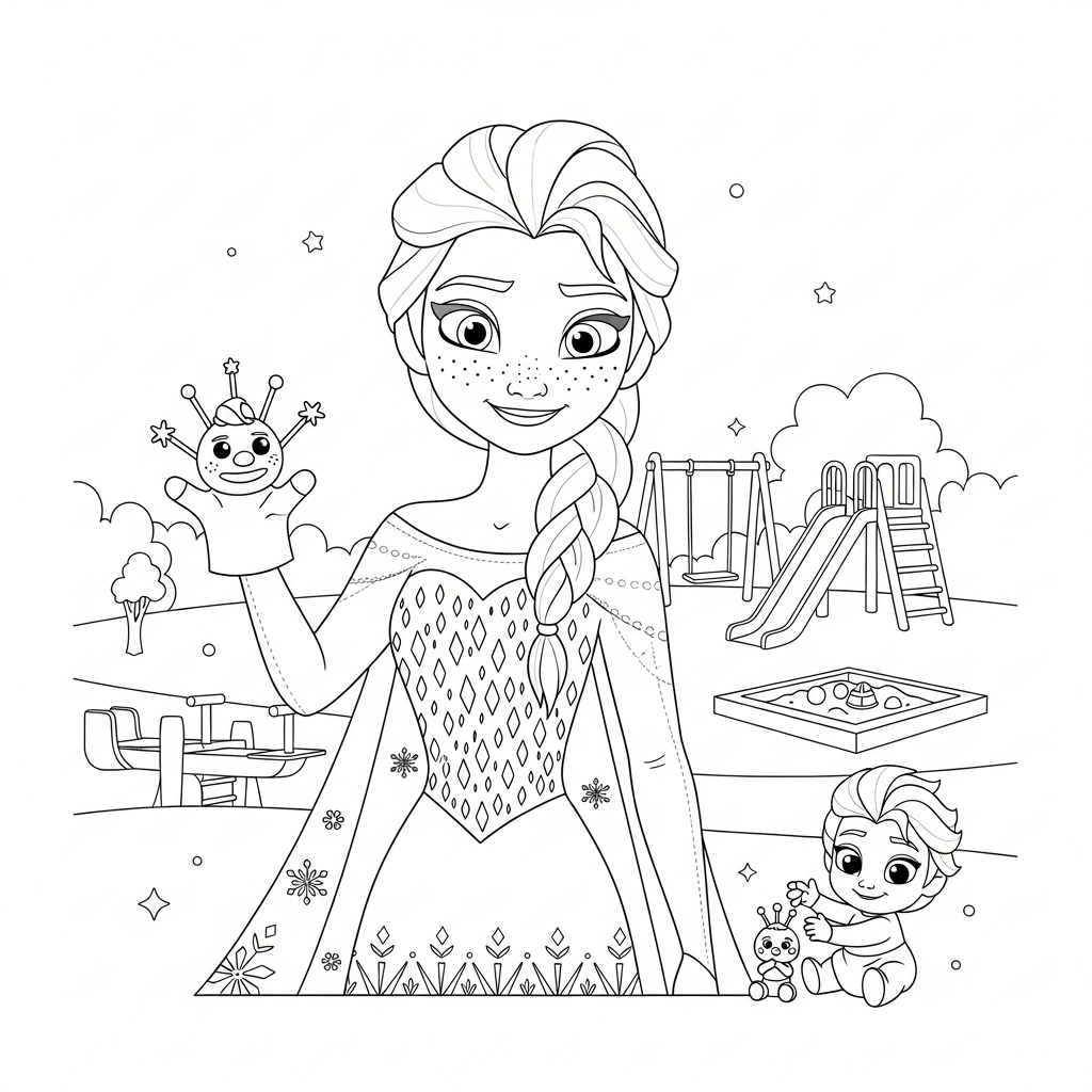 Desenho de Elsa Frozen para colorir brincando com fantoche no playground com escorregador.