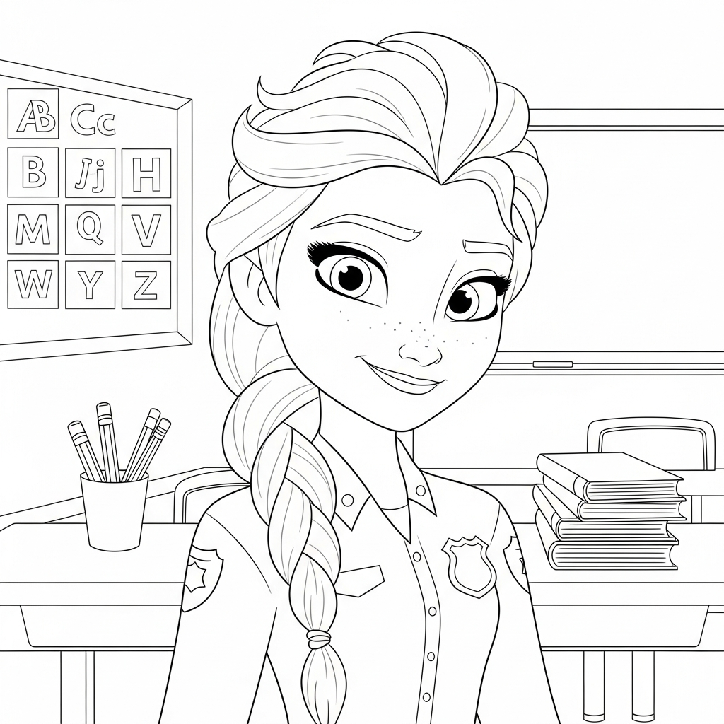 Desenho de Elsa Frozen para colorir vestida de policial em sala de aula com lousa.