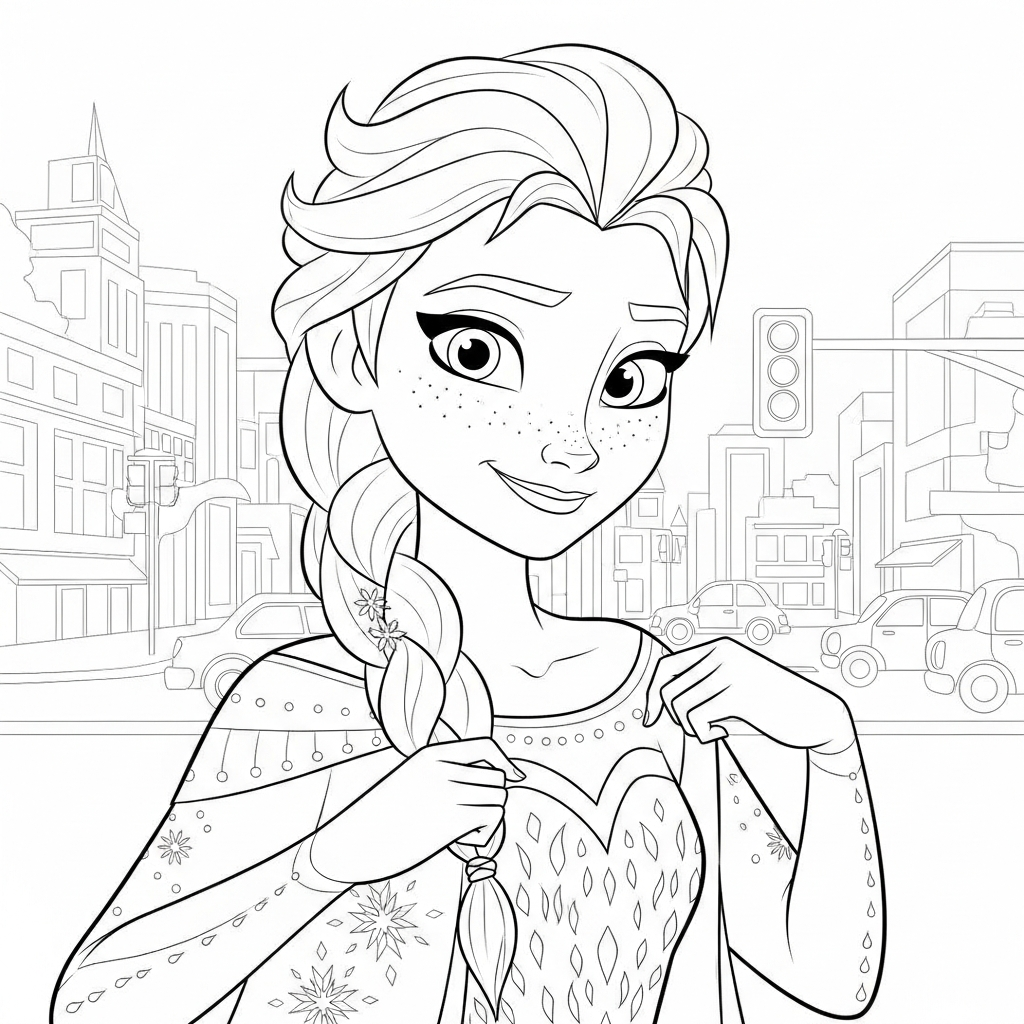 Desenho de Elsa Frozen para colorir se vestindo com camisa na rua da cidade