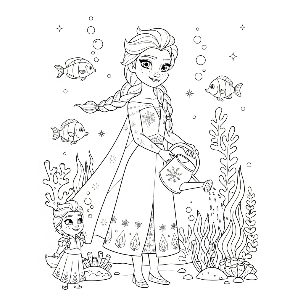Desenho de Elsa Frozen para colorir regando plantas no fundo do mar com peixes
