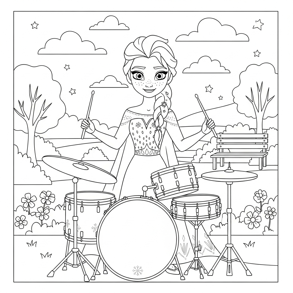 Desenho de Elsa Frozen para colorir tocando bateria com baquetas em parque ensolarado.