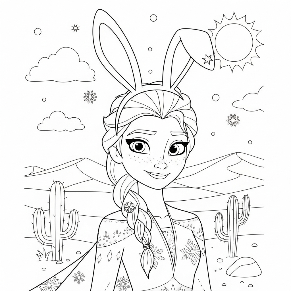 Desenho de Elsa Frozen para colorir disfarçada de coelho no deserto com cactos.