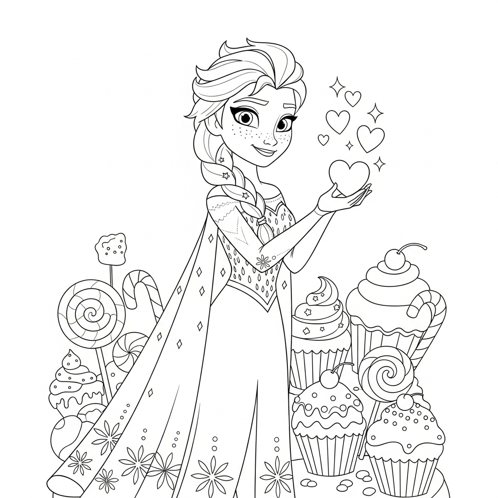 Desenho de Elsa Frozen para colorir entregando coração na terra dos doces.