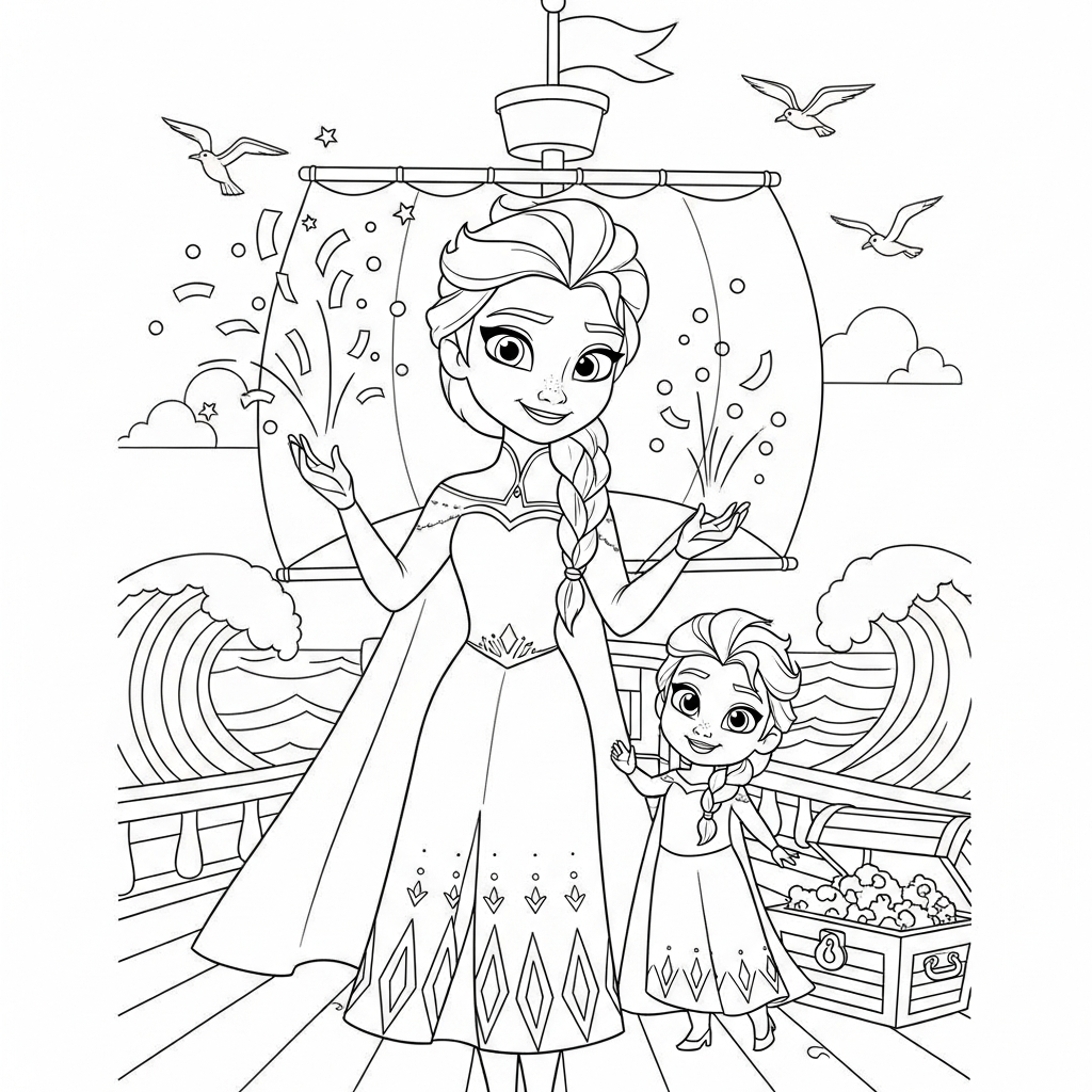 Desenho de Elsa Frozen para colorir estourando confete de ano novo em navio pirata.