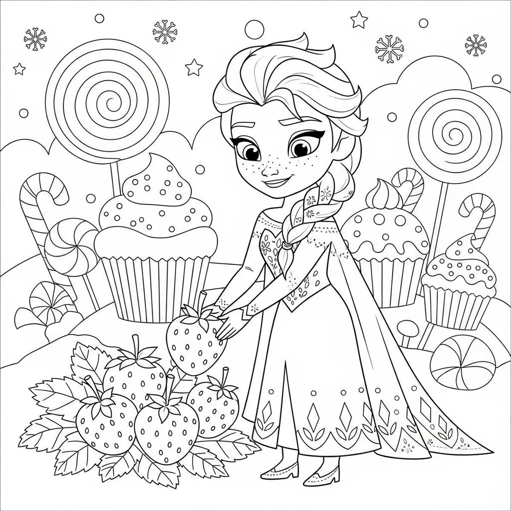 Desenho de Elsa Frozen para colorir colhendo morangos na terra dos doces
