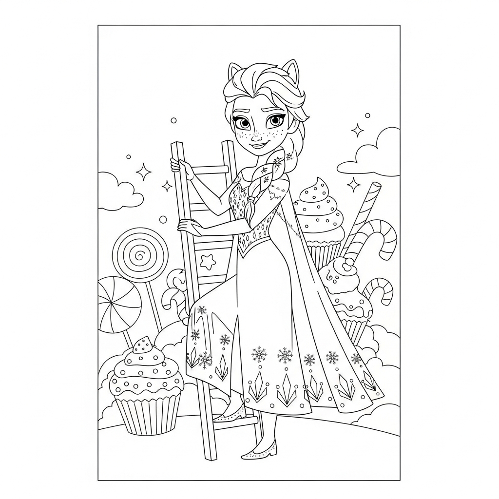 Desenho de Elsa Frozen para colorir subindo em escada de mão na terra dos doces
