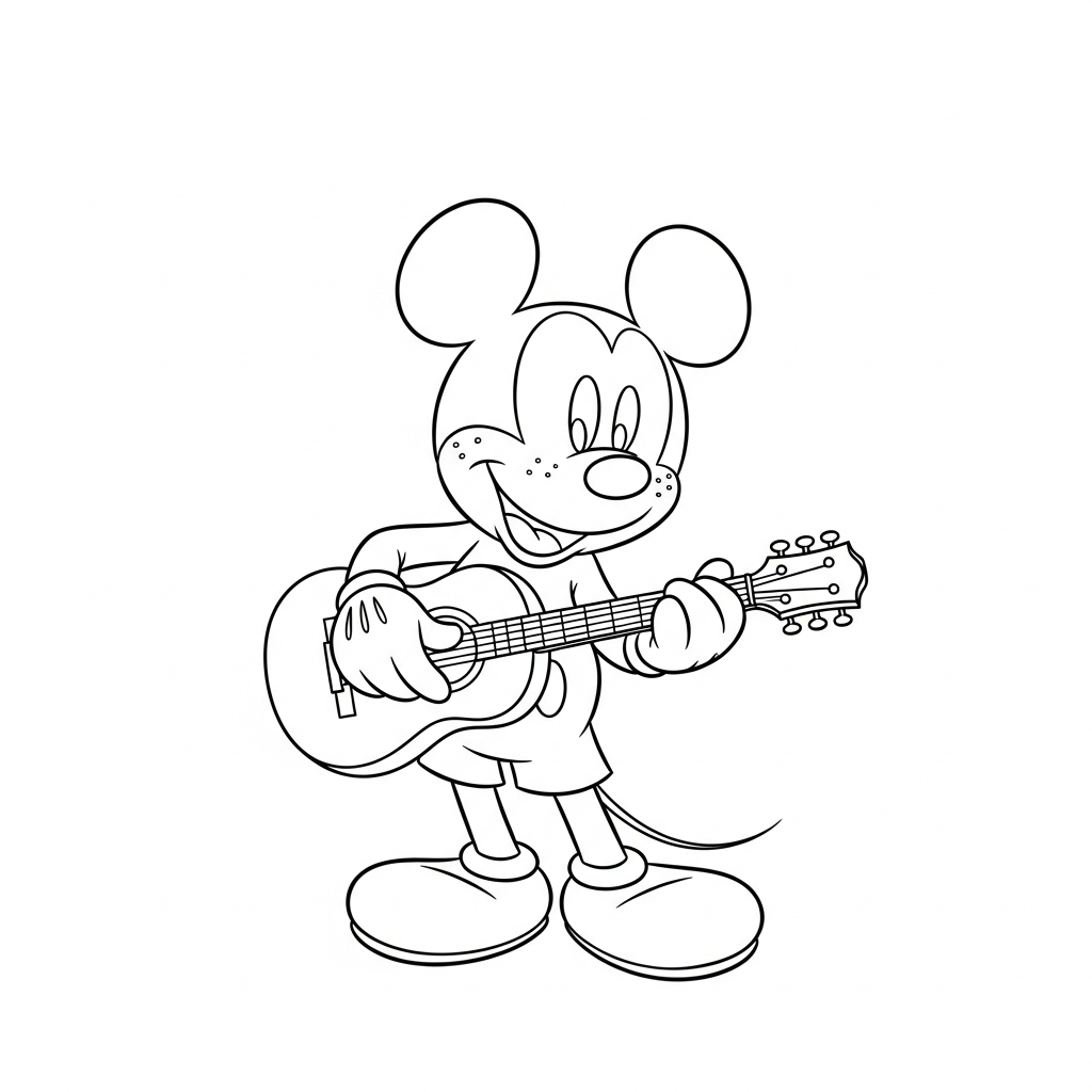 Desenho de Mickey Mouse para colorir tocando violão alegremente sentado