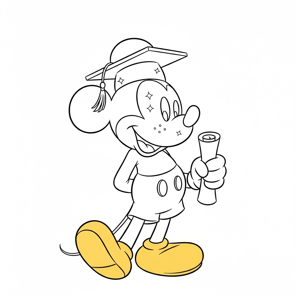 Desenho de Mickey Mouse para colorir usando capelo de formatura sorridente