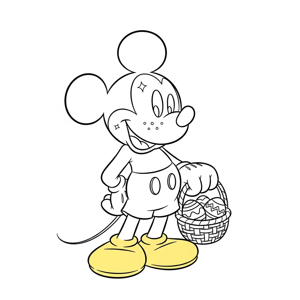 Desenho de Mickey Mouse para colorir segurando cesta de Páscoa com ovos