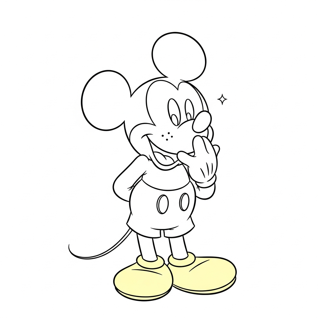Desenho de Mickey Mouse para colorir dando risadinha com mão na boca