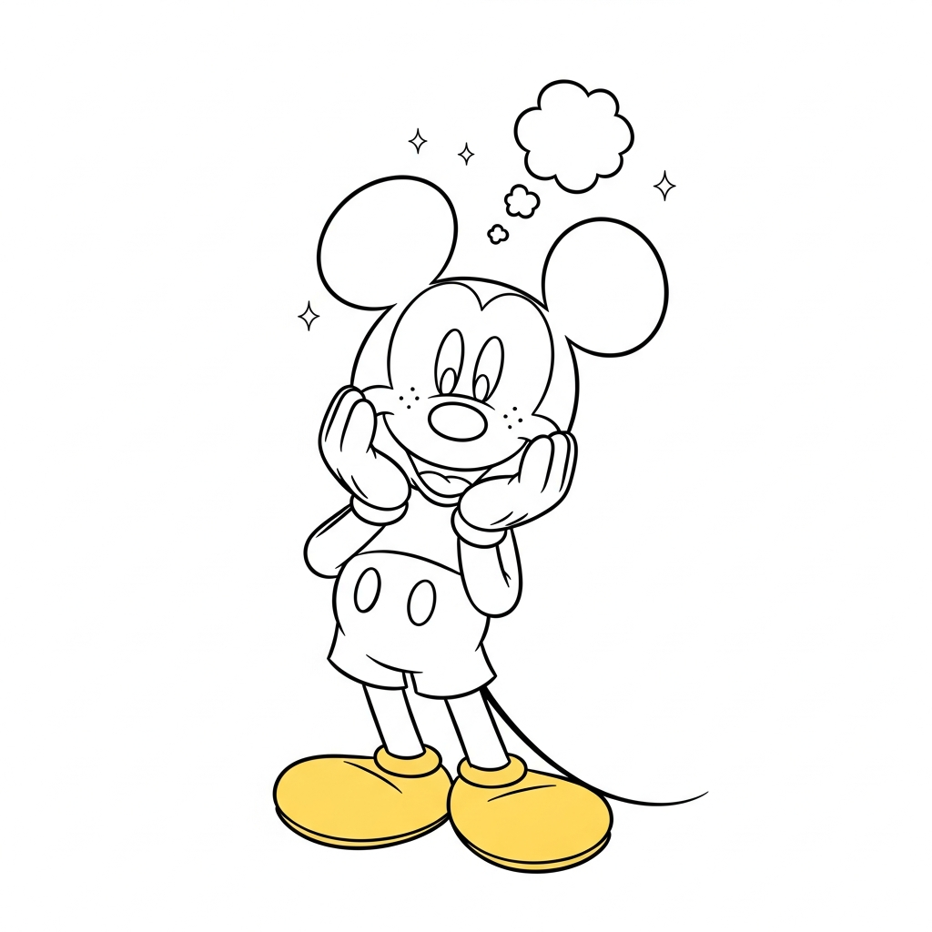 Desenho de Mickey Mouse para colorir sonhando com balãozinho de pensamento